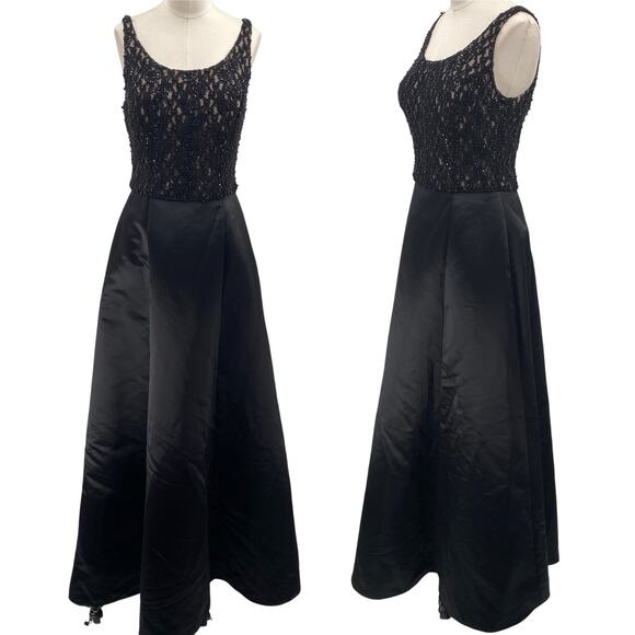 Vintage 90s Ball Gown Beaded Lace Bodice Satin A Line Fit & Flare Black Womens 4 - Picture 2 of 11
